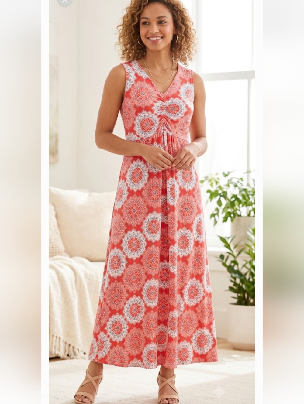 Talbots Red Patterned Sleeveless Maxi Dress